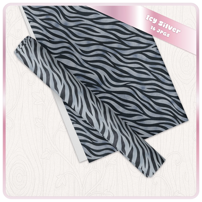 Icy Silver zebra print digital paper mockup showing seamless JPG pattern for wrapping paper, stationery and craft projects.