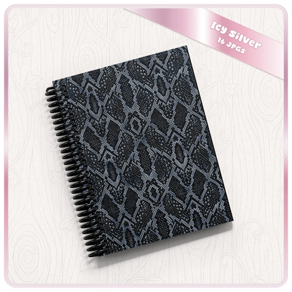 Icy Silver snakeskin print notebook mockup using seamless animal print digital paper for planners, journals and POD products.