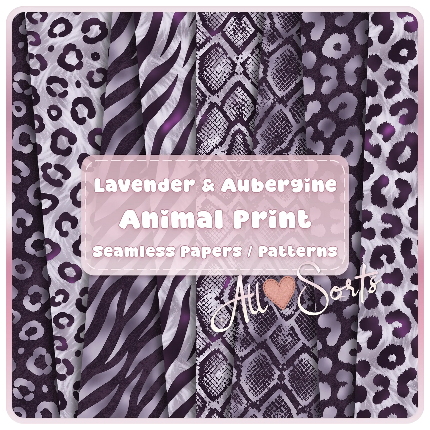 Lavender and aubergine animal print seamless patterns bundle featuring leopard, zebra, and giraffe designs in soft purple tones