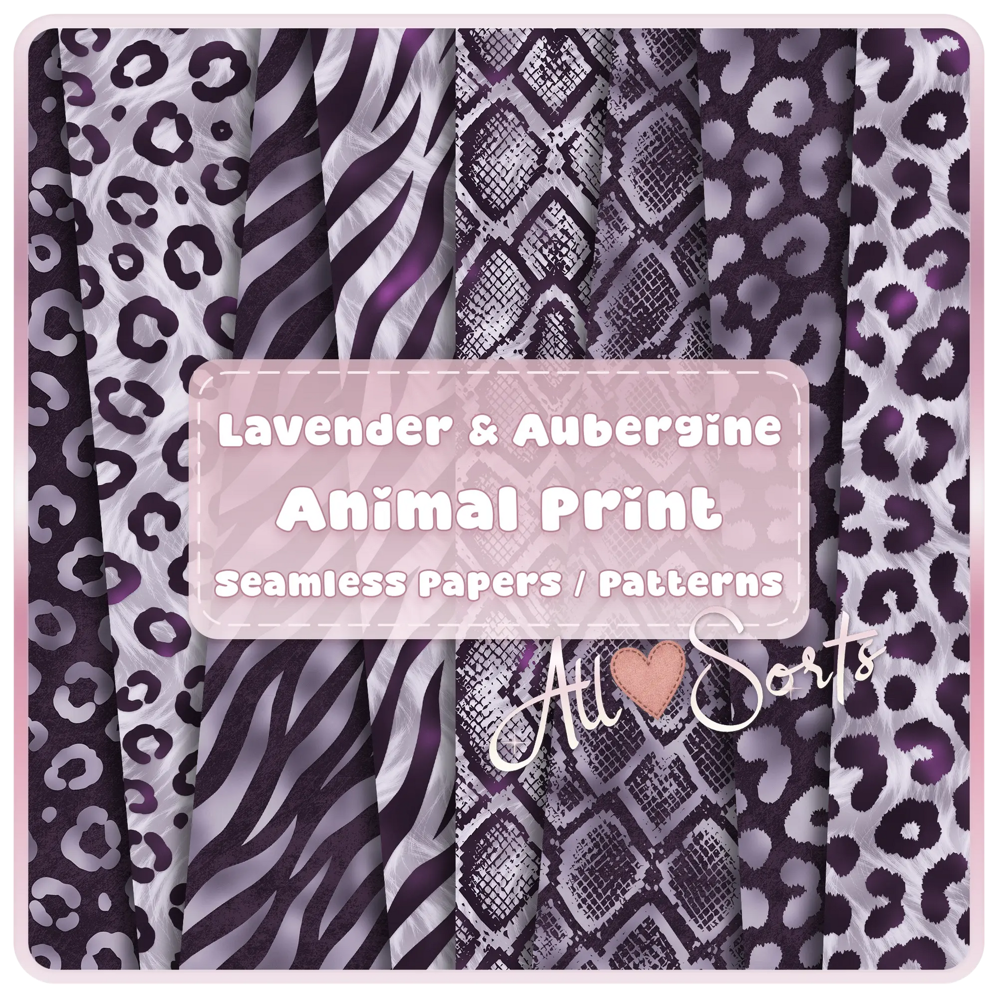 Lavender and aubergine animal print seamless patterns bundle featuring leopard, zebra, and giraffe designs in soft purple tones