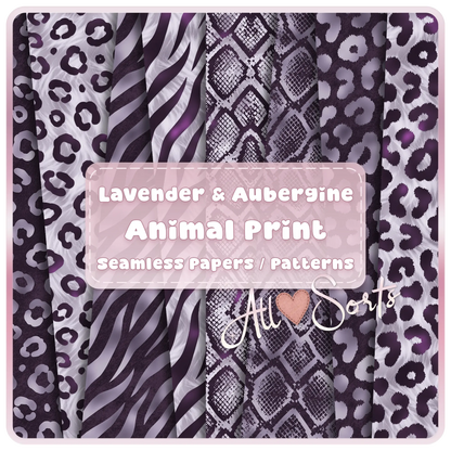 Lavender and aubergine animal print seamless patterns bundle featuring leopard, zebra, and giraffe designs in soft purple tones
