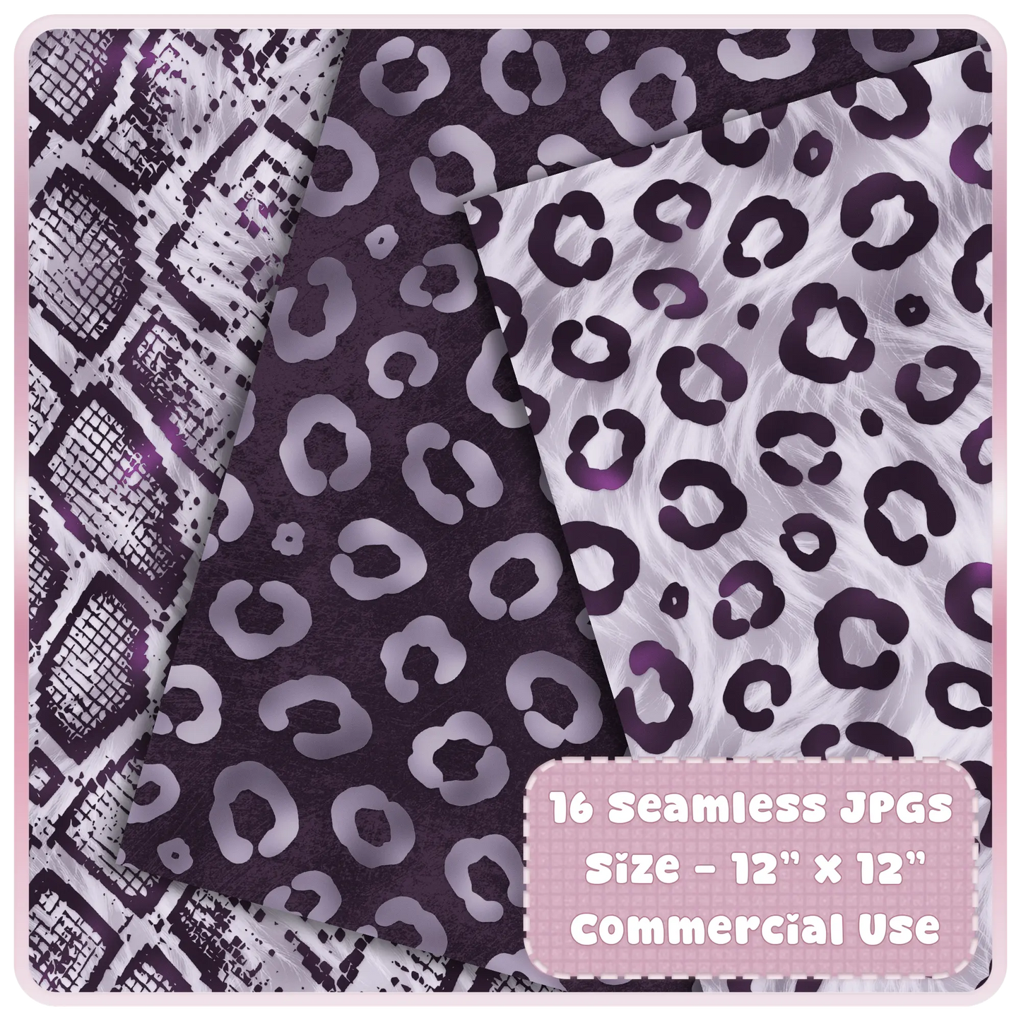 Close-up of lavender and aubergine leopard print seamless digital papers with textured animal pattern variations