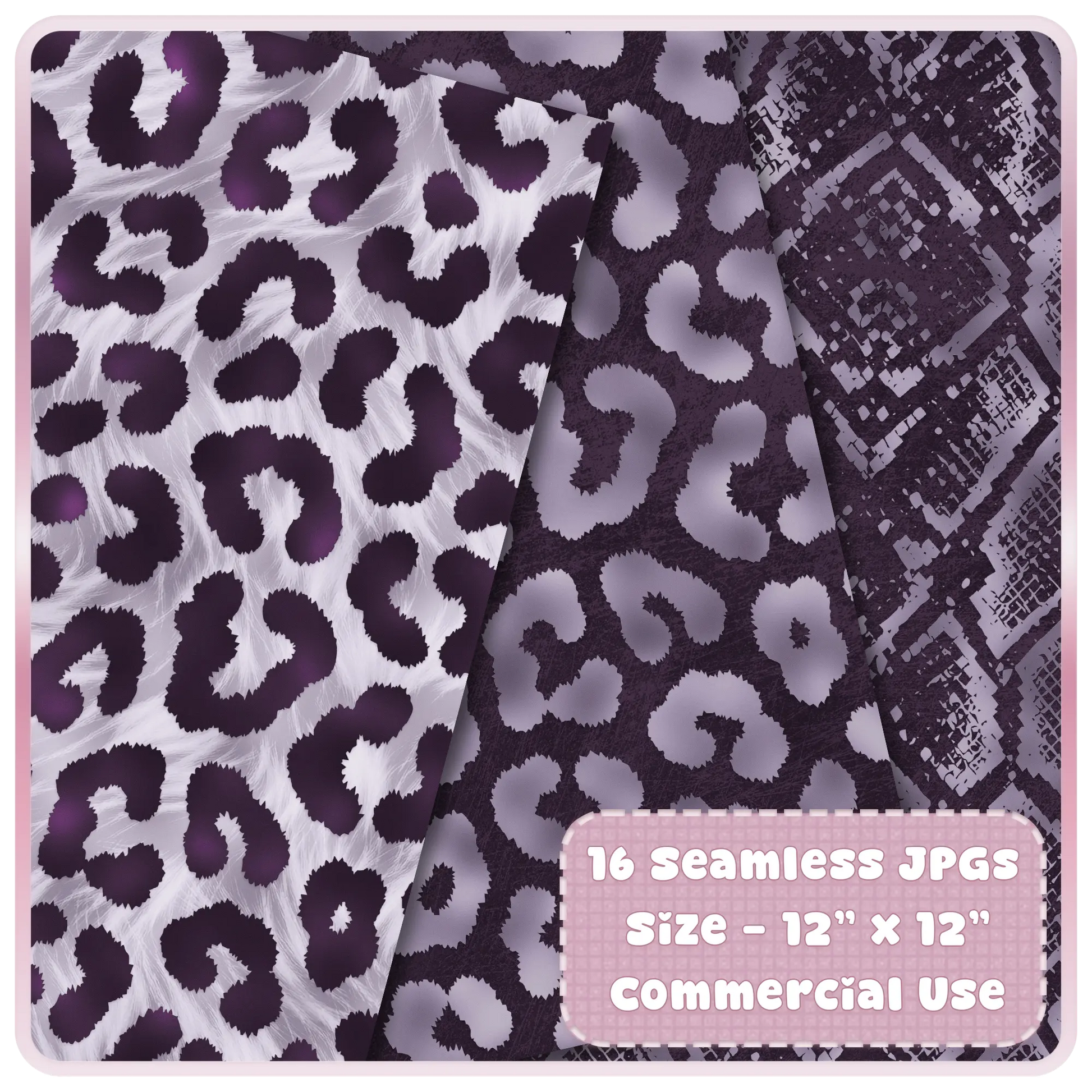 Set of purple-toned leopard and abstract animal print seamless patterns in aubergine and lavender color palette