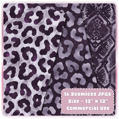 Set of purple-toned leopard and abstract animal print seamless patterns in aubergine and lavender color palette