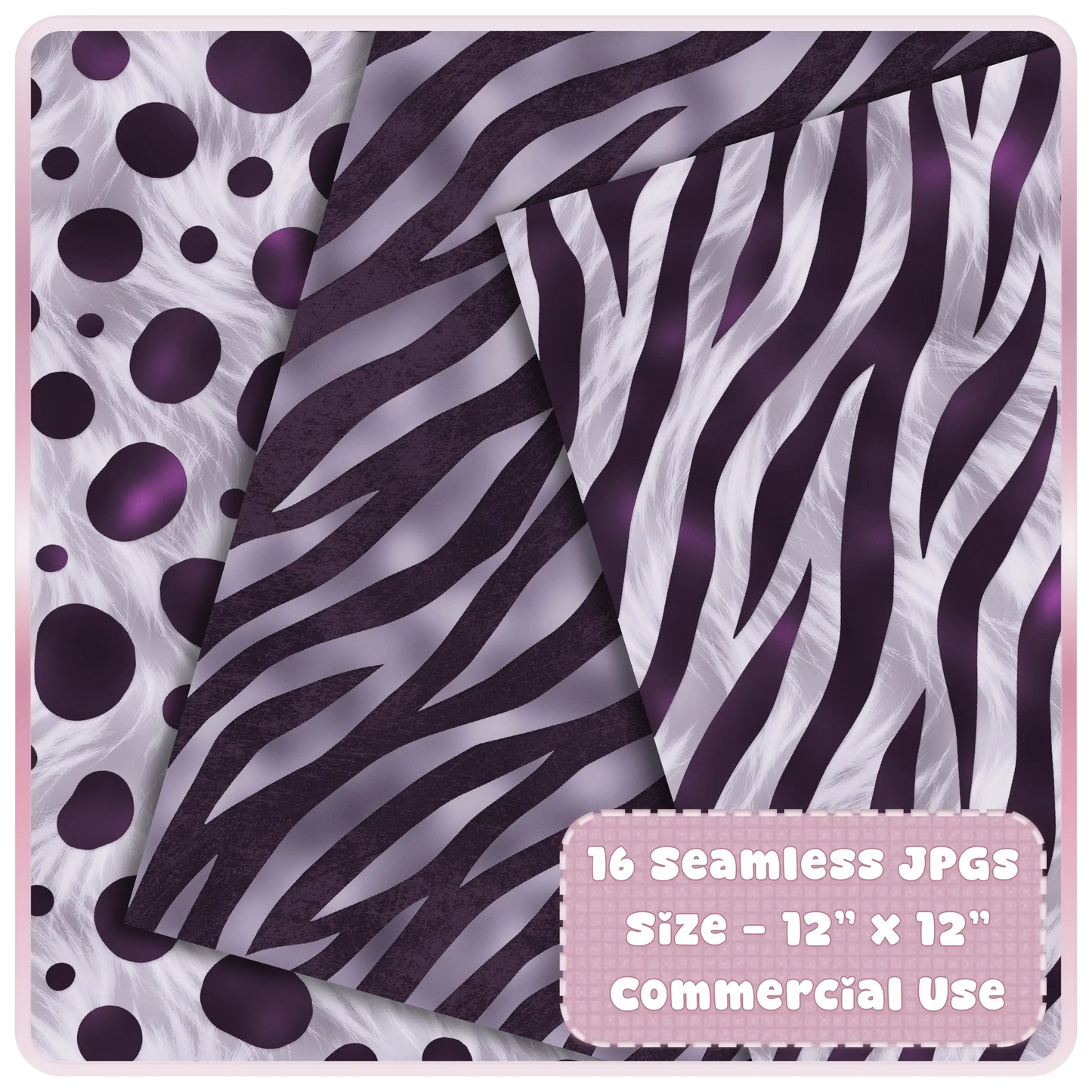 Zebra stripe and polka dot inspired seamless patterns in lavender and deep aubergine shades