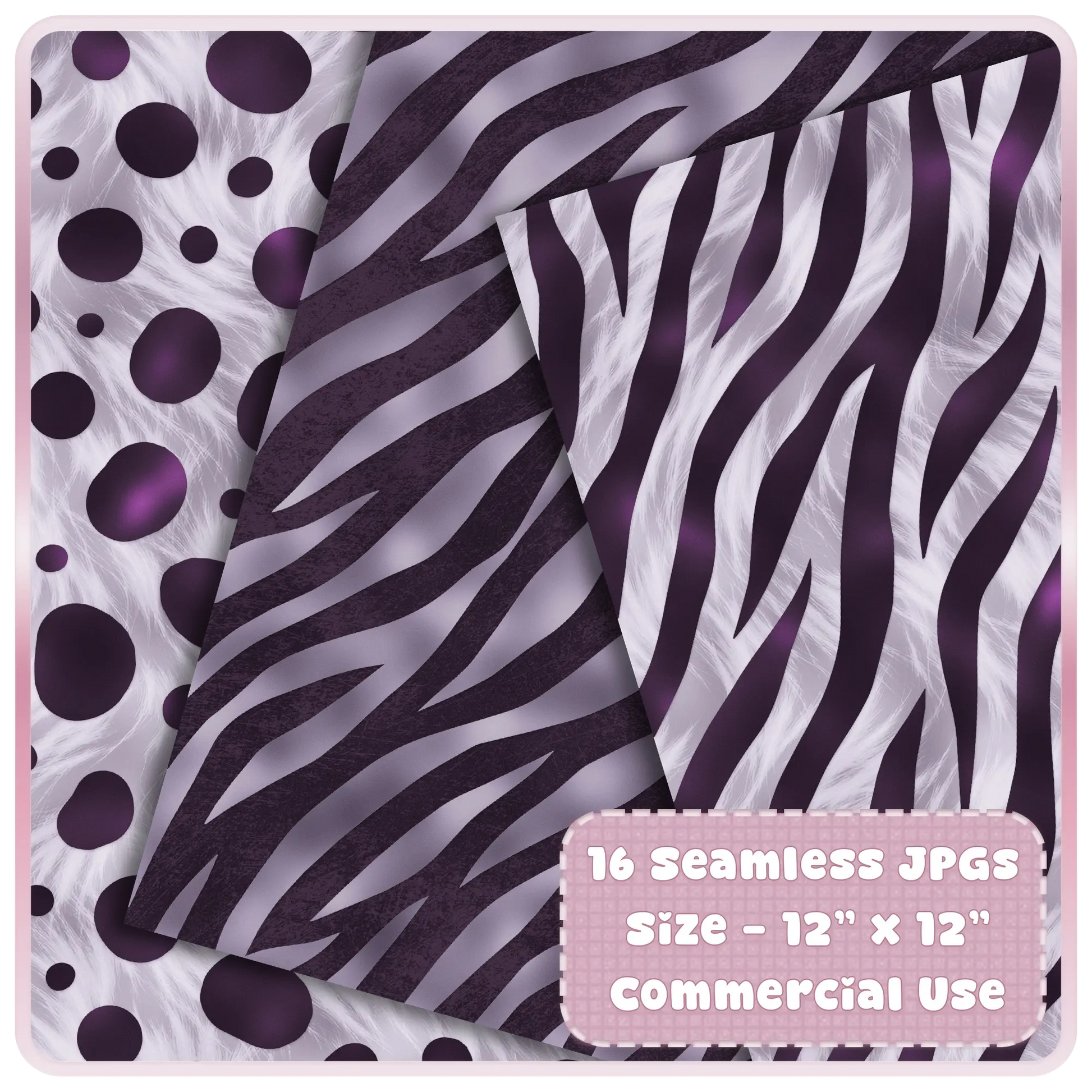 Zebra stripe and polka dot inspired seamless patterns in lavender and deep aubergine shades