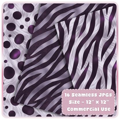 Zebra stripe and polka dot inspired seamless patterns in lavender and deep aubergine shades