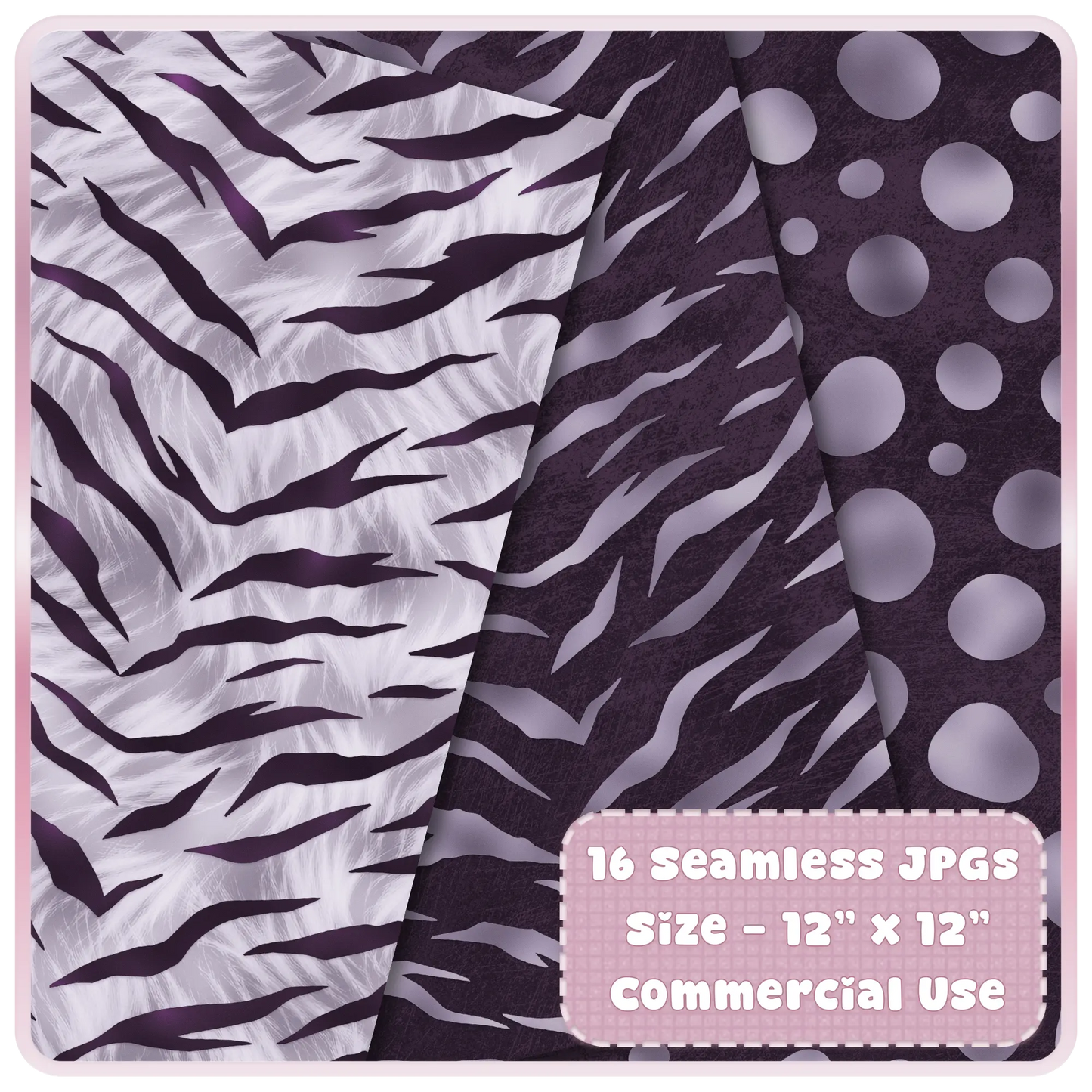 Mixed animal print seamless designs including zebra and abstract stripe patterns in soft purple tones