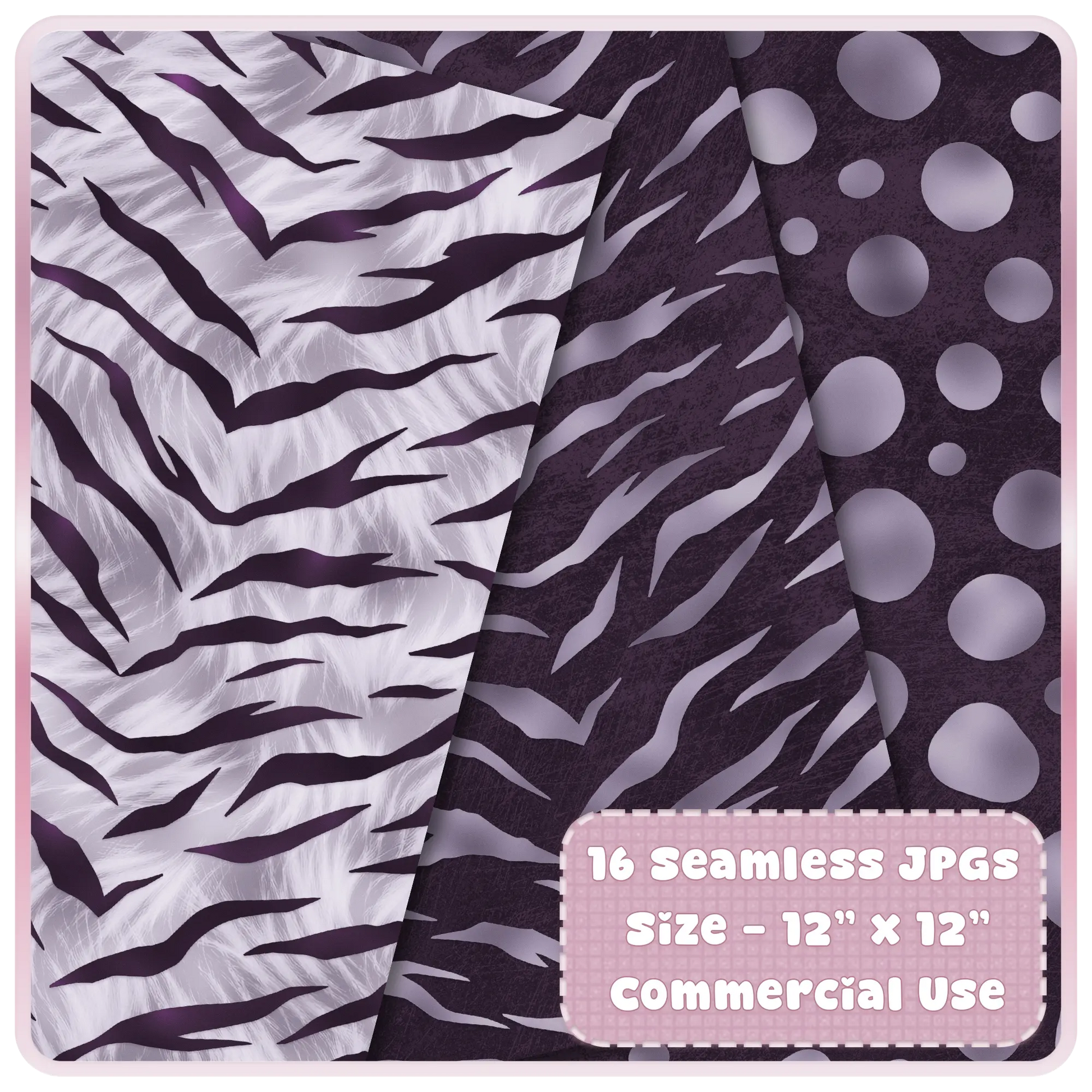 Mixed animal print seamless designs including zebra and abstract stripe patterns in soft purple tones