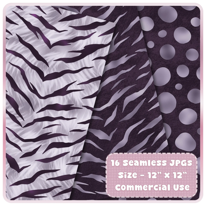 Mixed animal print seamless designs including zebra and abstract stripe patterns in soft purple tones