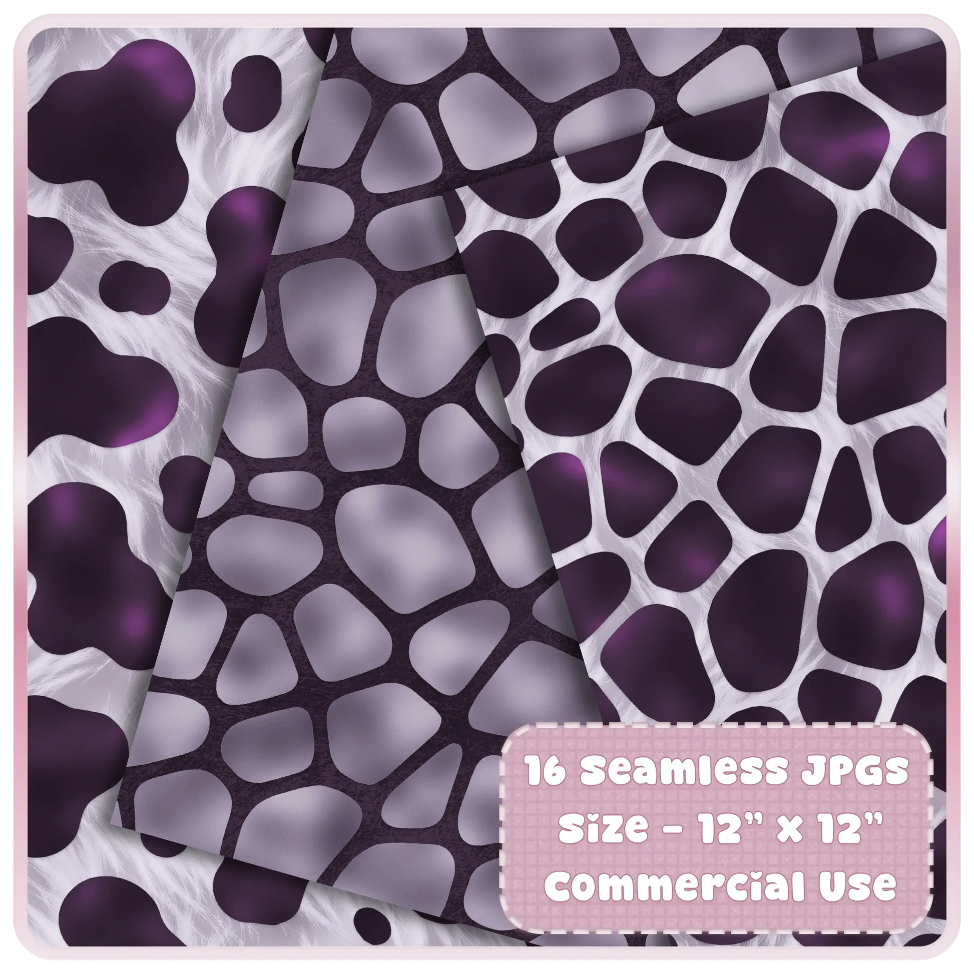 Giraffe-inspired seamless patterns in lavender and aubergine with organic irregular shapes