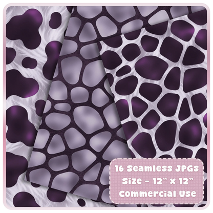 Giraffe-inspired seamless patterns in lavender and aubergine with organic irregular shapes