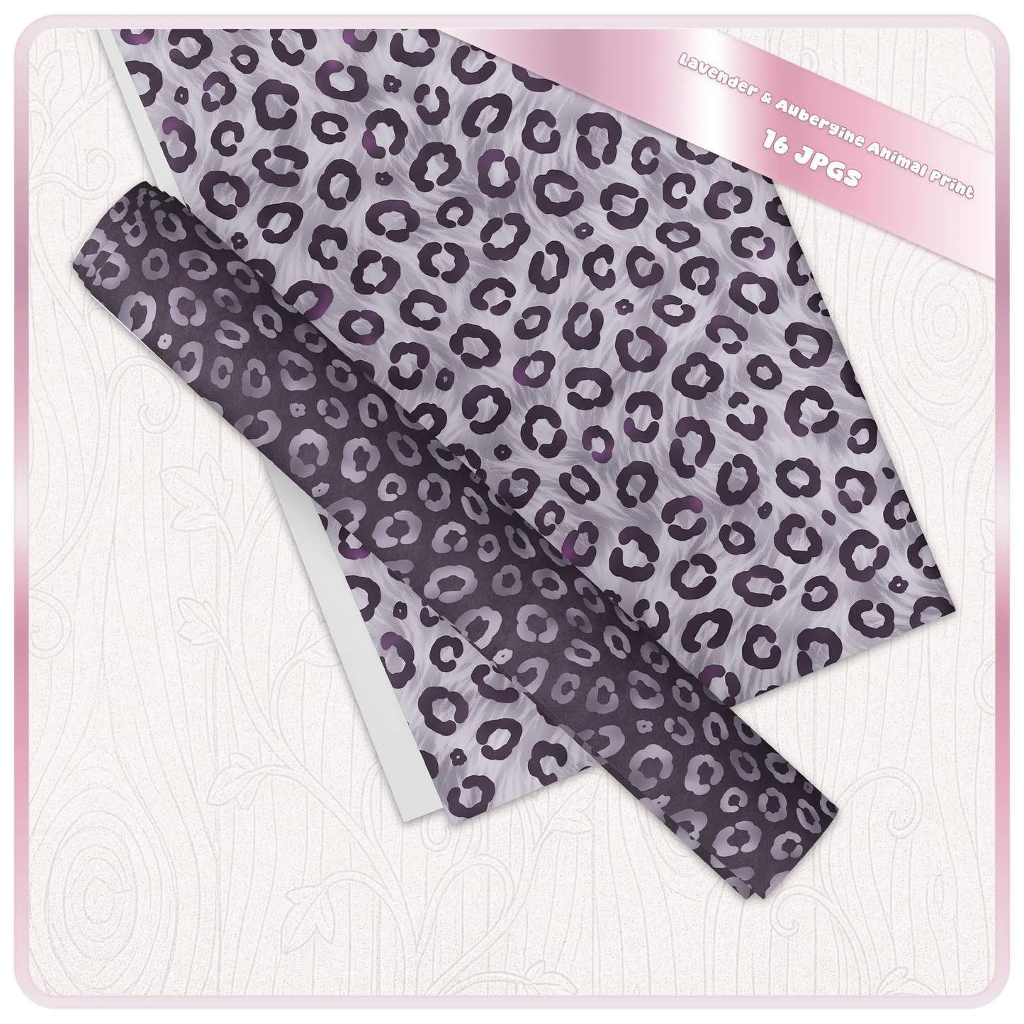 Leopard print seamless digital paper shown as printable sheets in lavender and plum tones