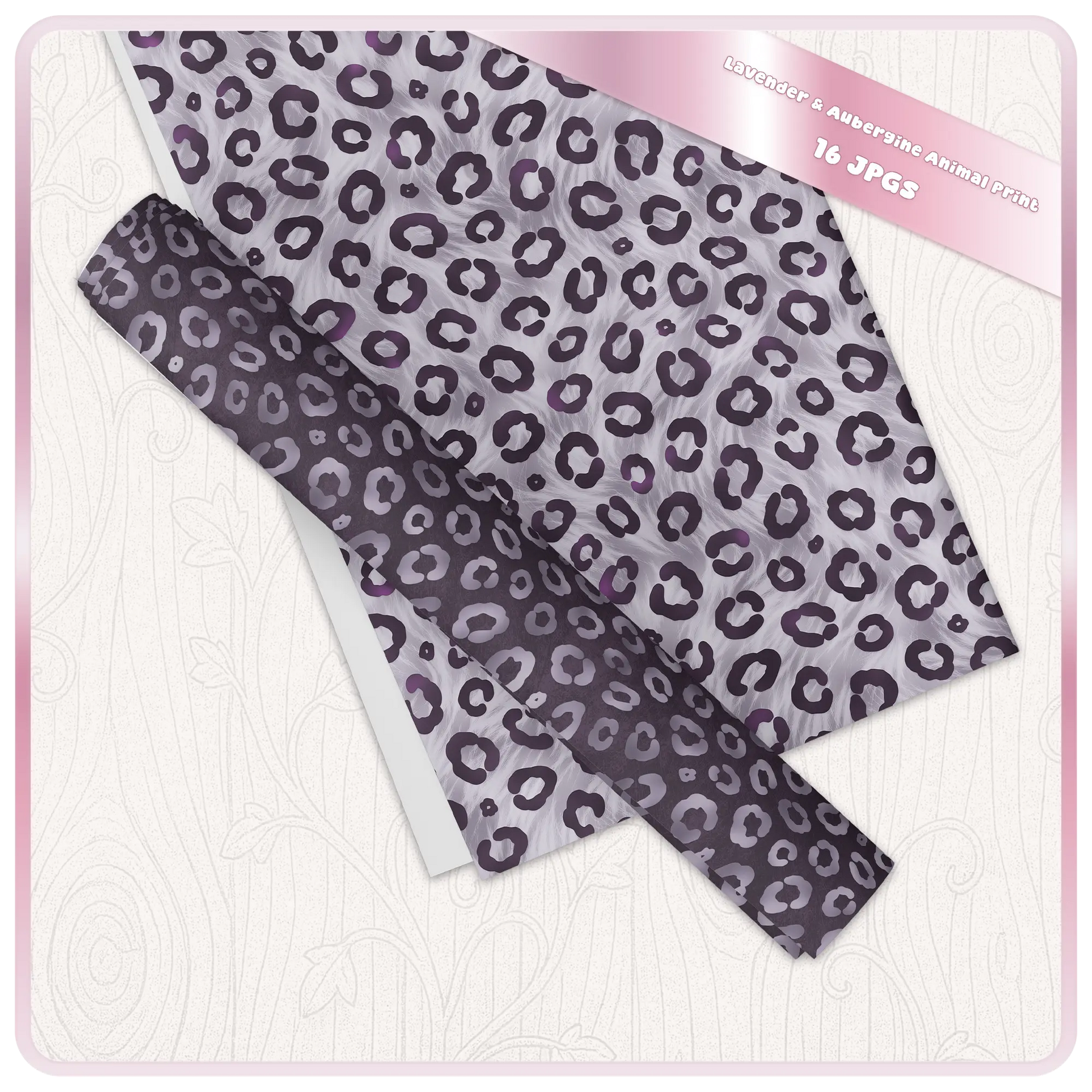 Leopard print seamless digital paper shown as printable sheets in lavender and plum tones