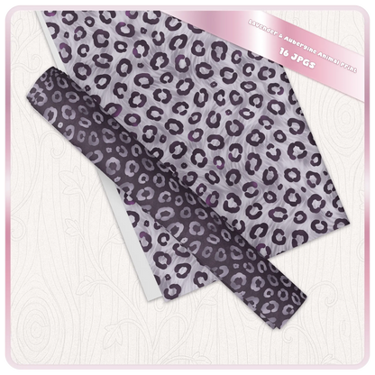 Leopard print seamless digital paper shown as printable sheets in lavender and plum tones