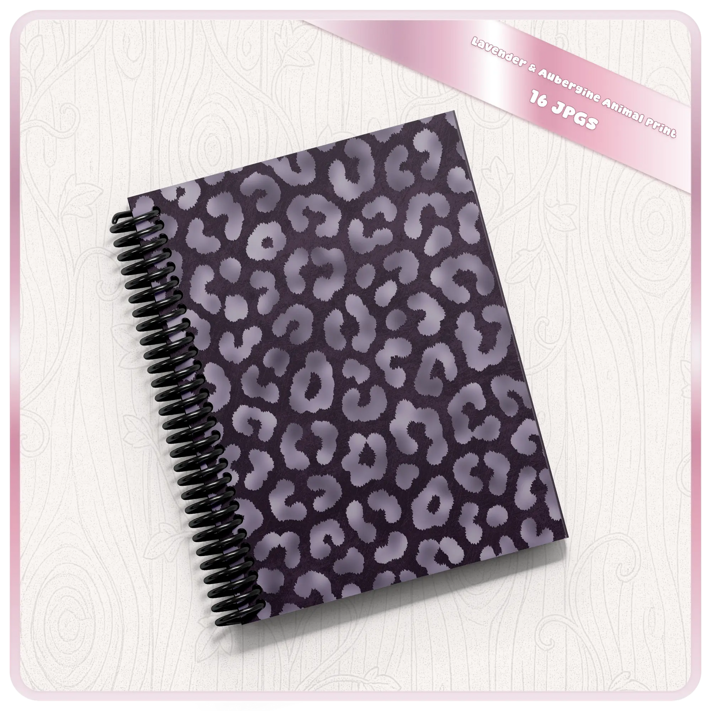 Leopard pattern notebook mockup using aubergine and lavender seamless animal print design
