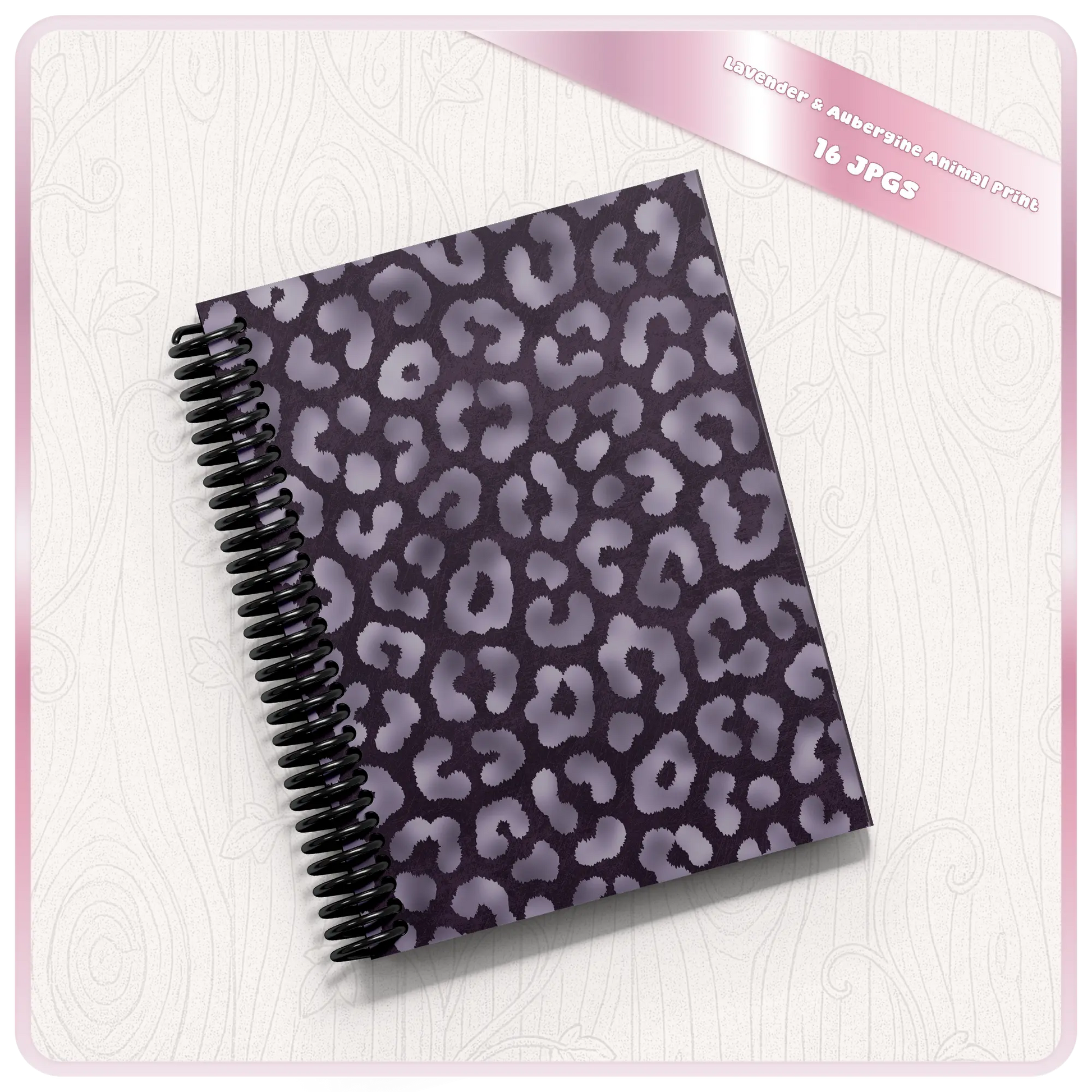 Leopard pattern notebook mockup using aubergine and lavender seamless animal print design