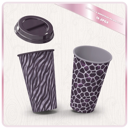 Coffee cup mockups wrapped in zebra and giraffe style seamless animal print patterns in purple tones