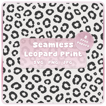 Seamless leopard print pattern SVG PNG JPG digital download with black animal print spots on transparent-style background and 8 free colour example papers.