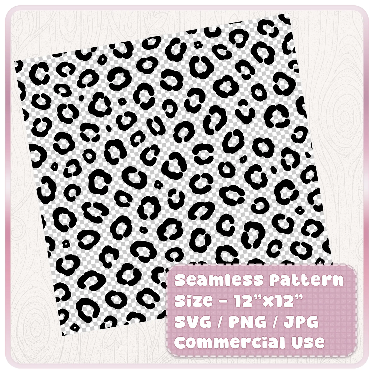 12x12 seamless leopard print pattern digital paper preview showing black animal print spots on a tileable background for SVG PNG and JPG download.