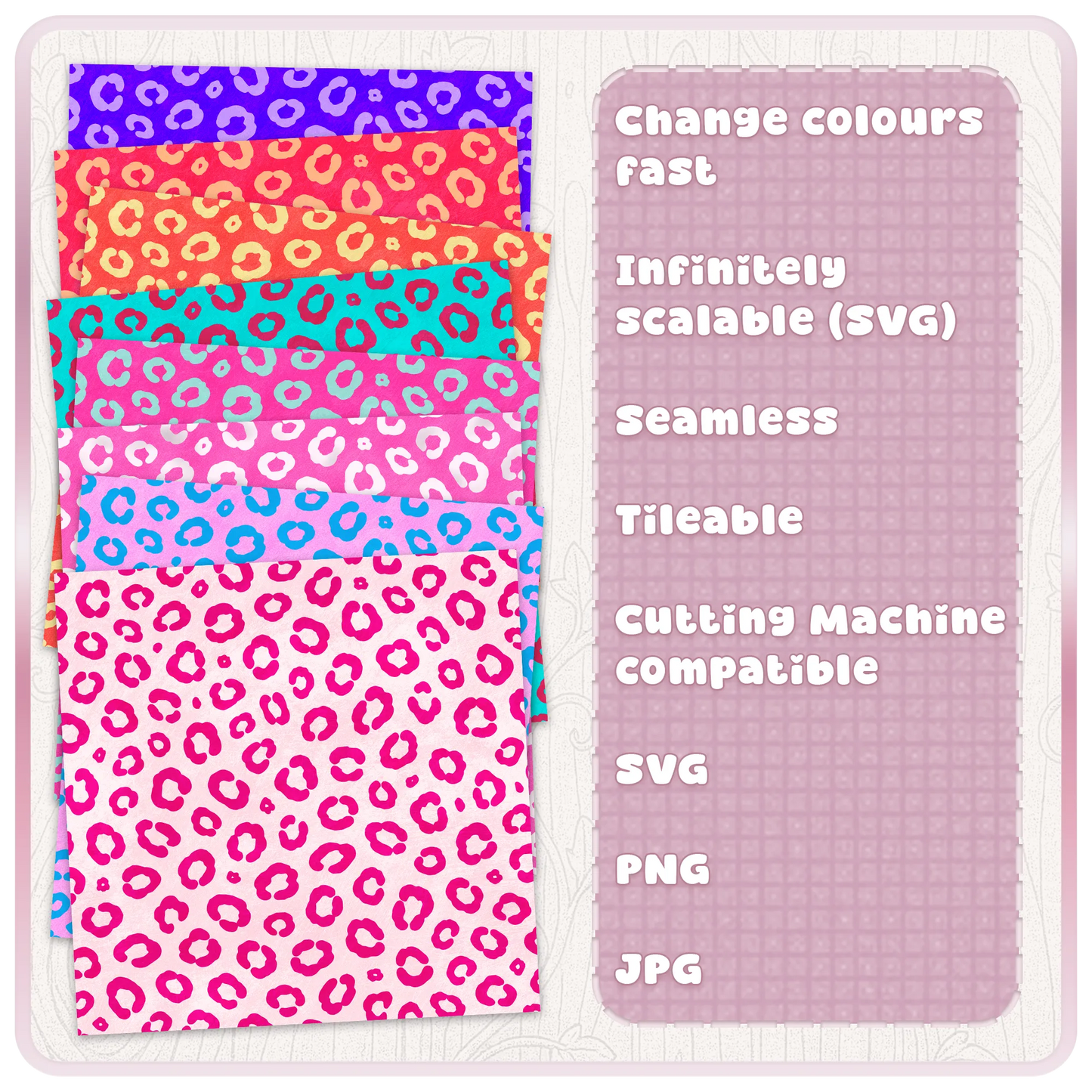Colour examples for seamless leopard print pattern showing editable animal print backgrounds in bright colours with SVG PNG and JPG file options.
