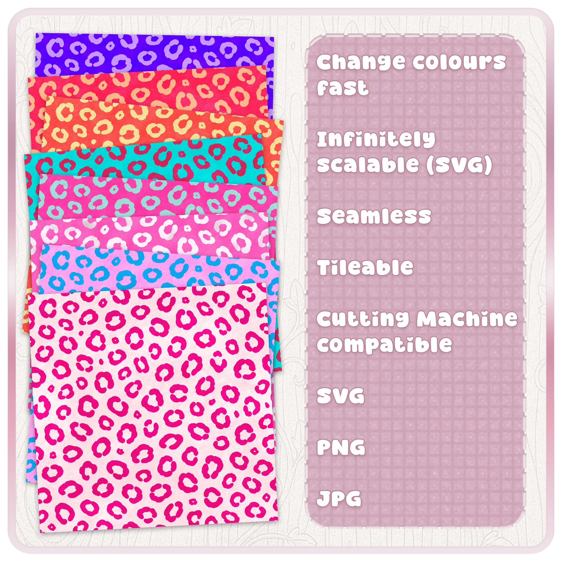 Colour examples for seamless leopard print pattern showing editable animal print backgrounds in bright colours with SVG PNG and JPG file options.