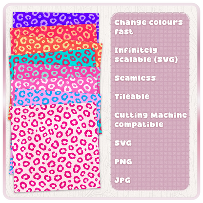 Colour examples for seamless leopard print pattern showing editable animal print backgrounds in bright colours with SVG PNG and JPG file options.