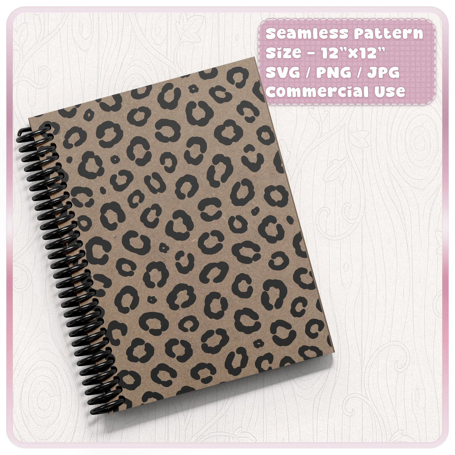 Leopard print seamless pattern mockup on a spiral notebook cover showing black animal spots on kraft paper with commercial use digital download.