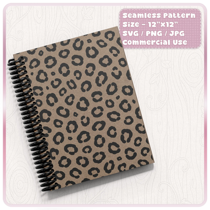 Leopard print seamless pattern mockup on a spiral notebook cover showing black animal spots on kraft paper with commercial use digital download.