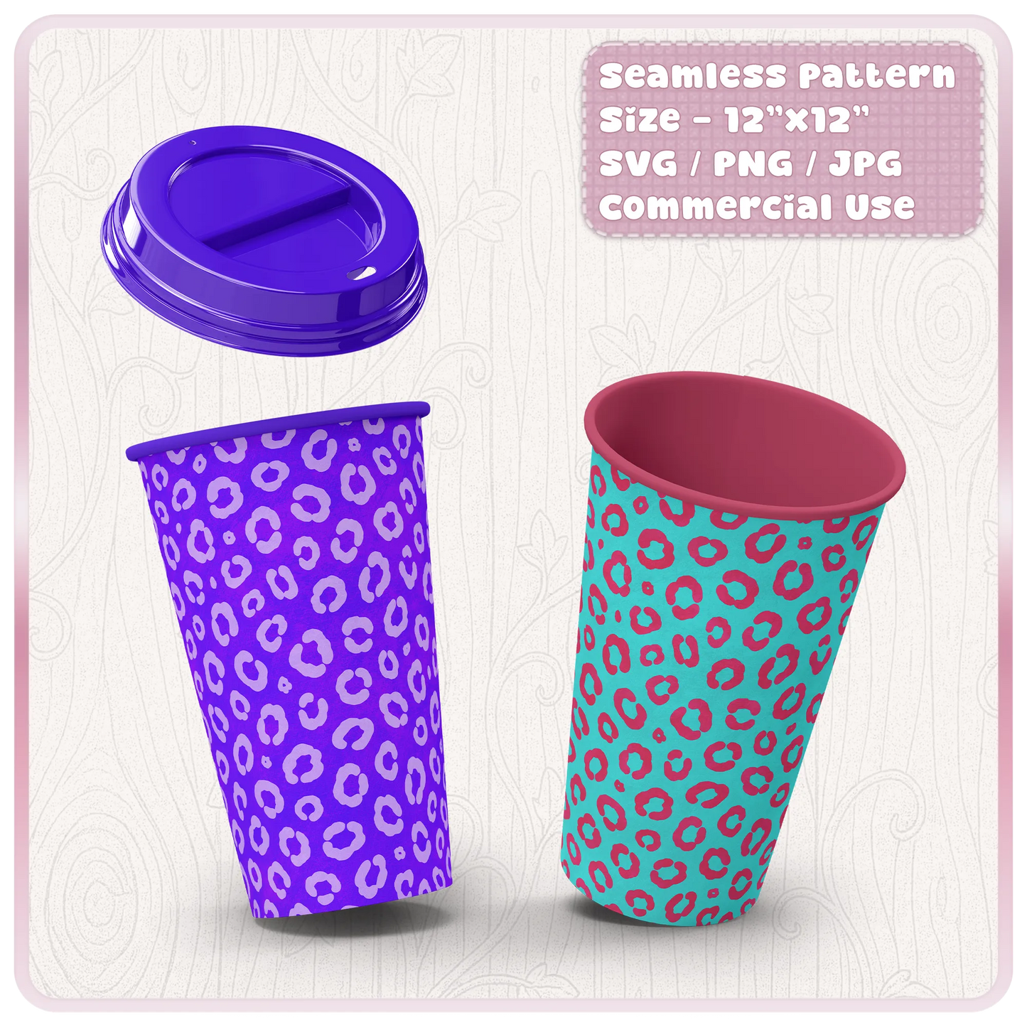 Leopard animal print pattern mockup on reusable cups showing colourful seamless SVG PNG JPG design for tumblers and product mockups.