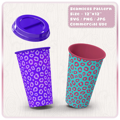 Leopard animal print pattern mockup on reusable cups showing colourful seamless SVG PNG JPG design for tumblers and product mockups.