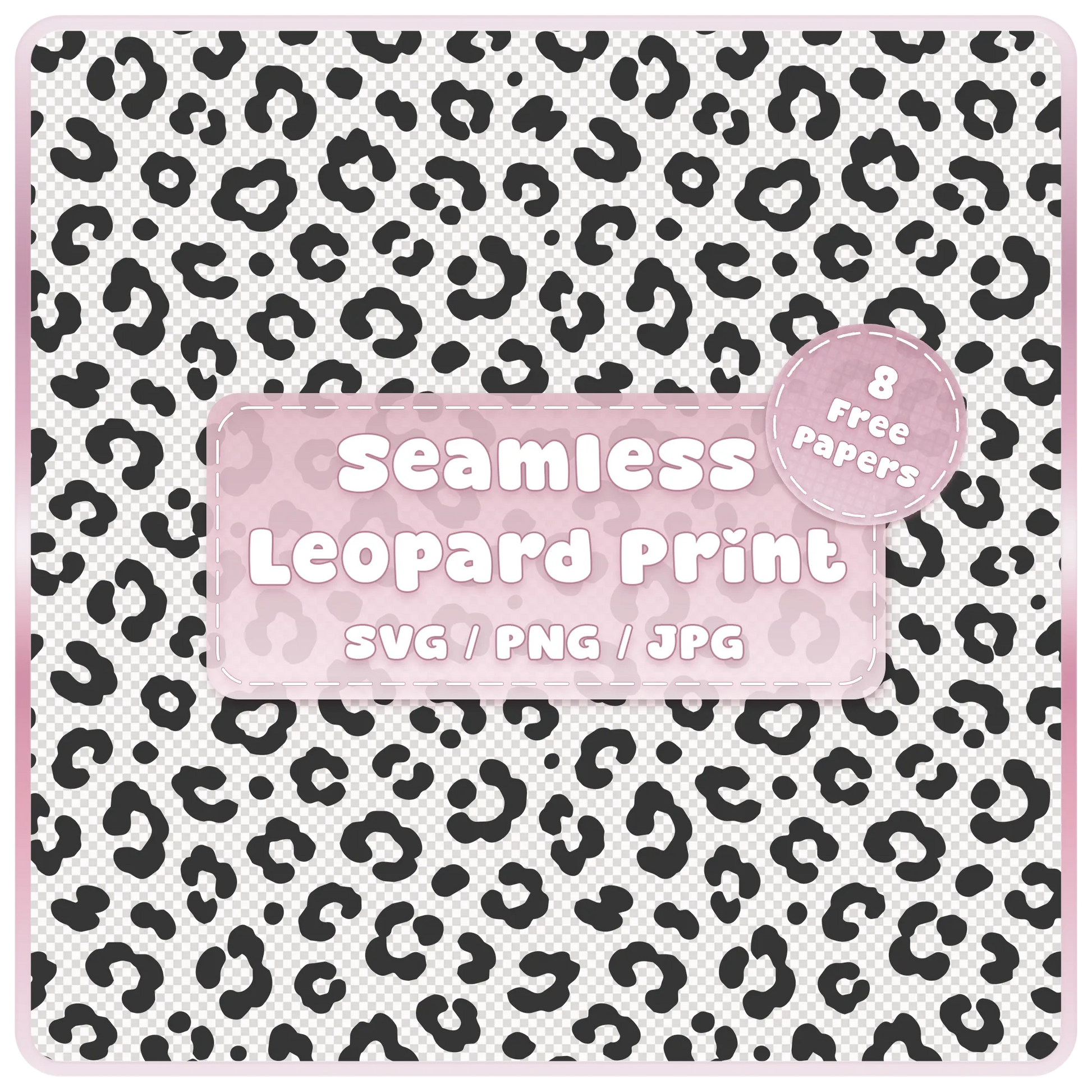 Seamless black and white leopard print pattern digital download with SVG PNG JPG files and 8 free colour example papers.