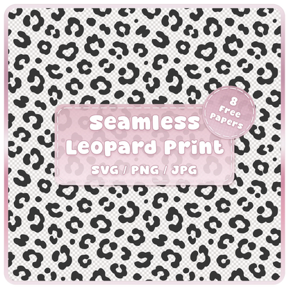 Seamless black and white leopard print pattern digital download with SVG PNG JPG files and 8 free colour example papers.