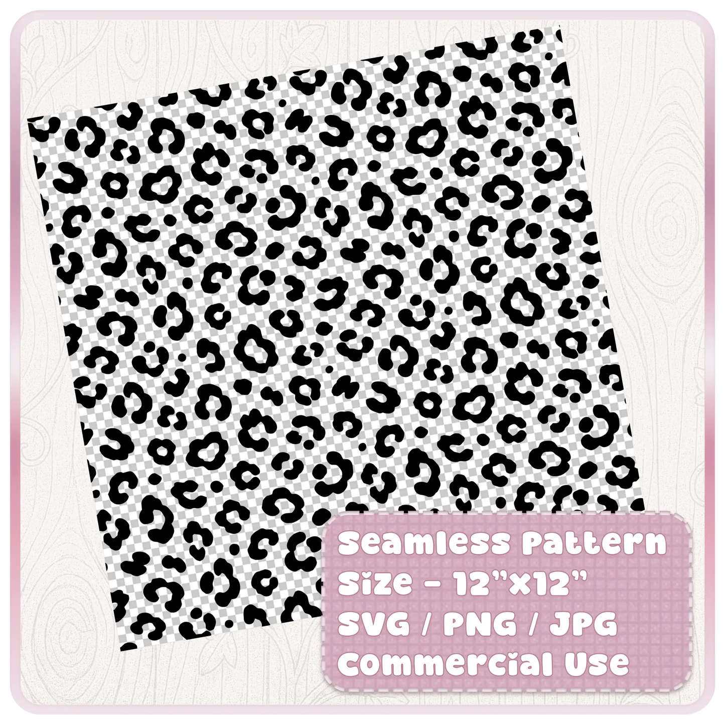 Tileable seamless leopard animal print pattern preview in black and white, 12x12 digital paper SVG PNG JPG commercial use file.