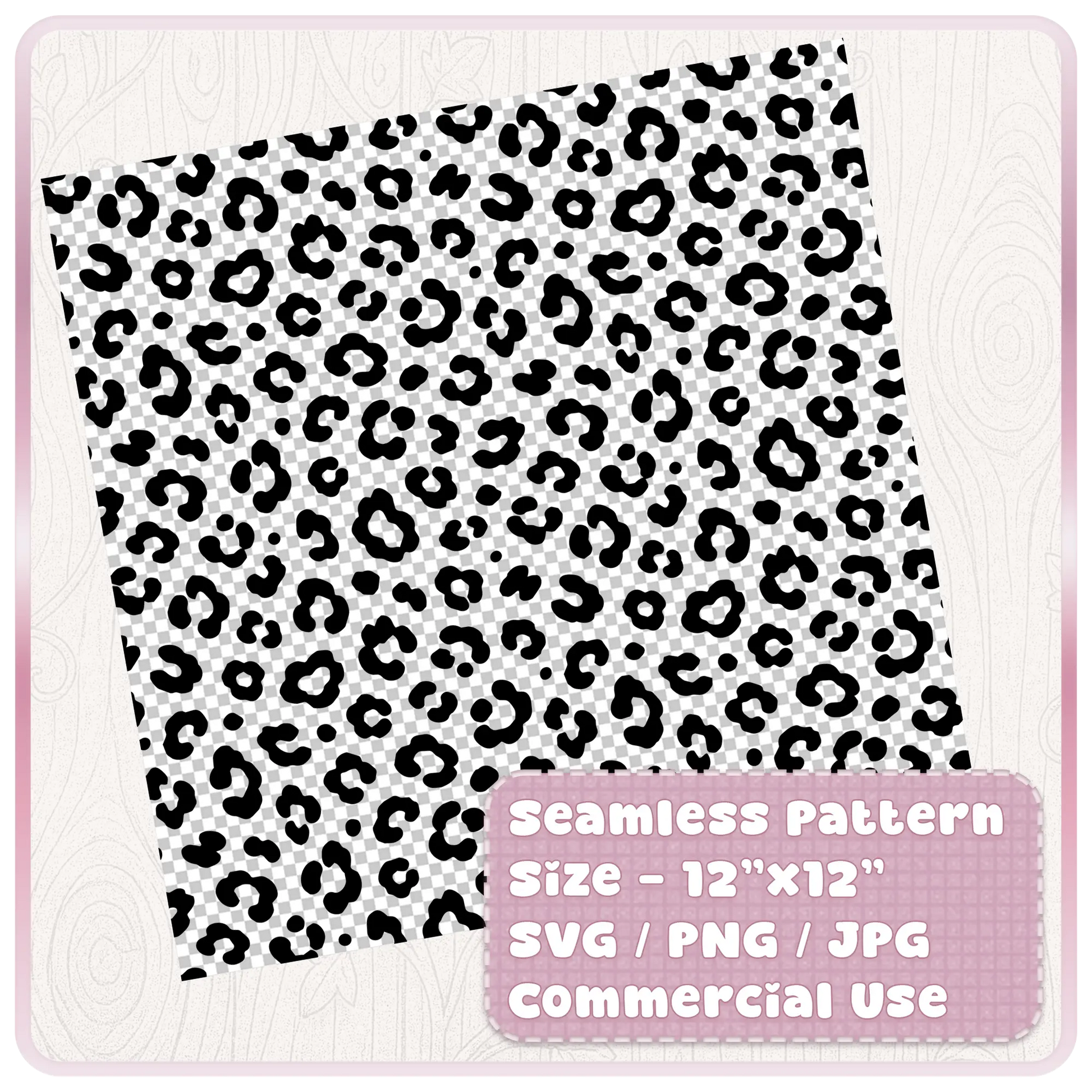 Tileable seamless leopard animal print pattern preview in black and white, 12x12 digital paper SVG PNG JPG commercial use file.