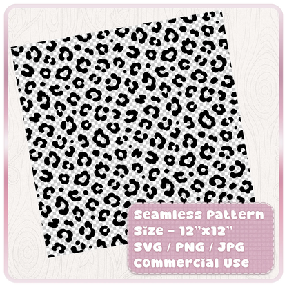 Tileable seamless leopard animal print pattern preview in black and white, 12x12 digital paper SVG PNG JPG commercial use file.
