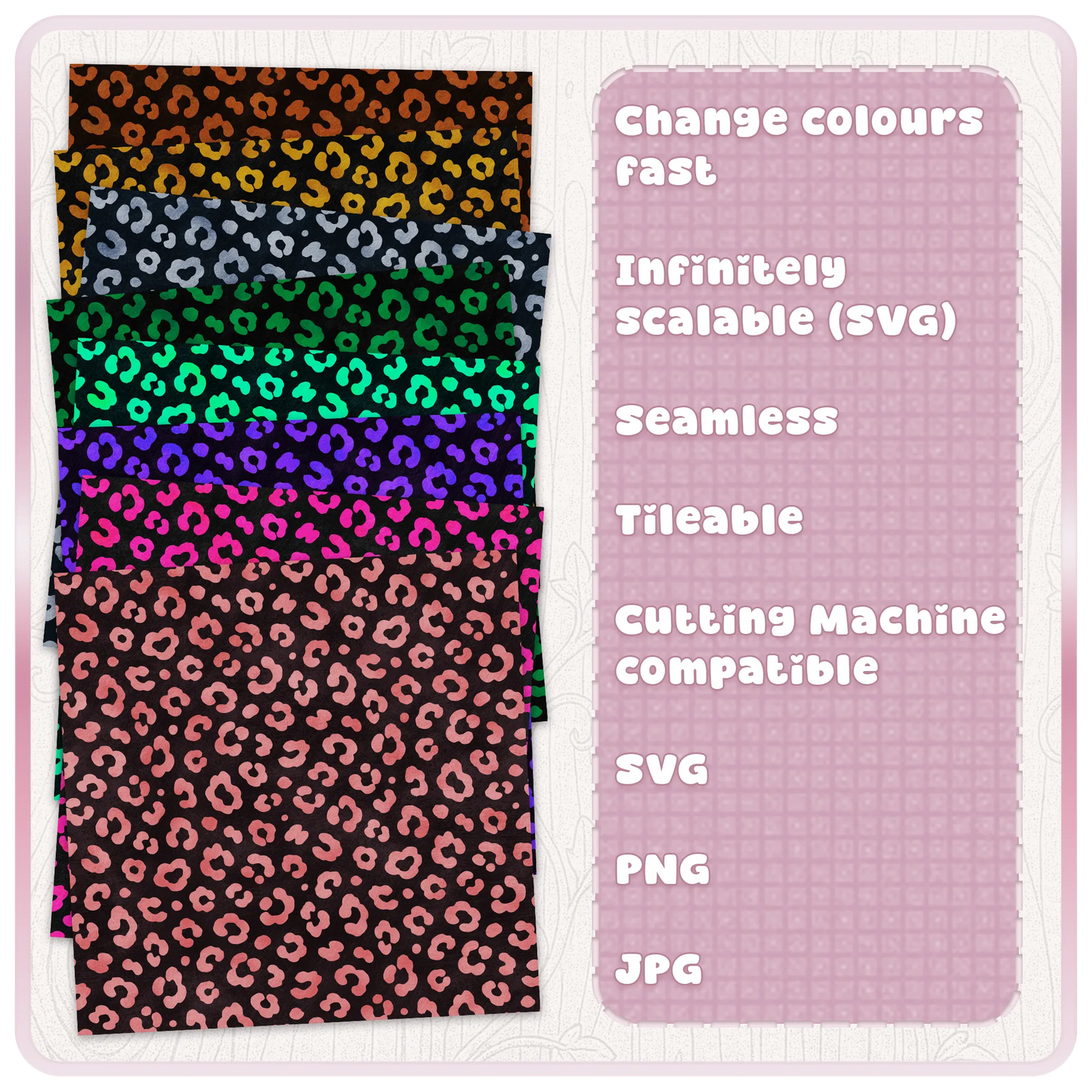 Leopard print seamless pattern colour examples showing editable animal print SVG with PNG and JPG files for crafts and sublimation.
