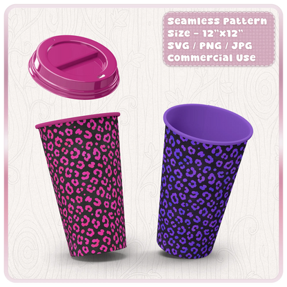 Pink and purple leopard print pattern mockup on reusable cups, seamless animal print SVG PNG JPG digital download.