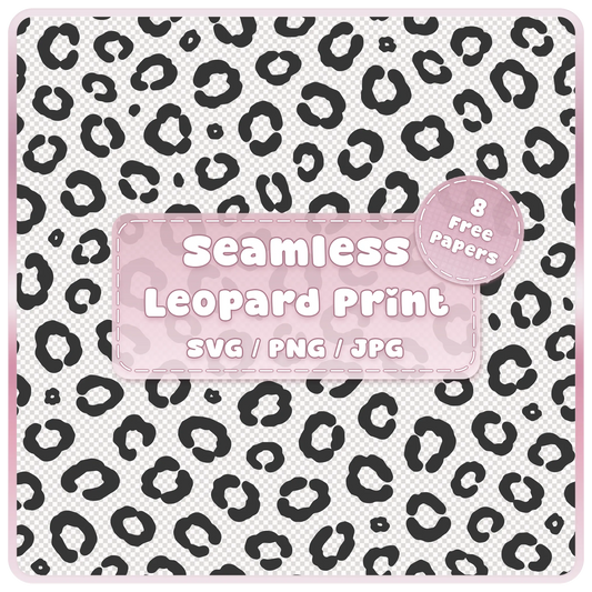 Seamless leopard print pattern overlay SVG PNG JPG digital download with black leopard spots and 8 free colour papers