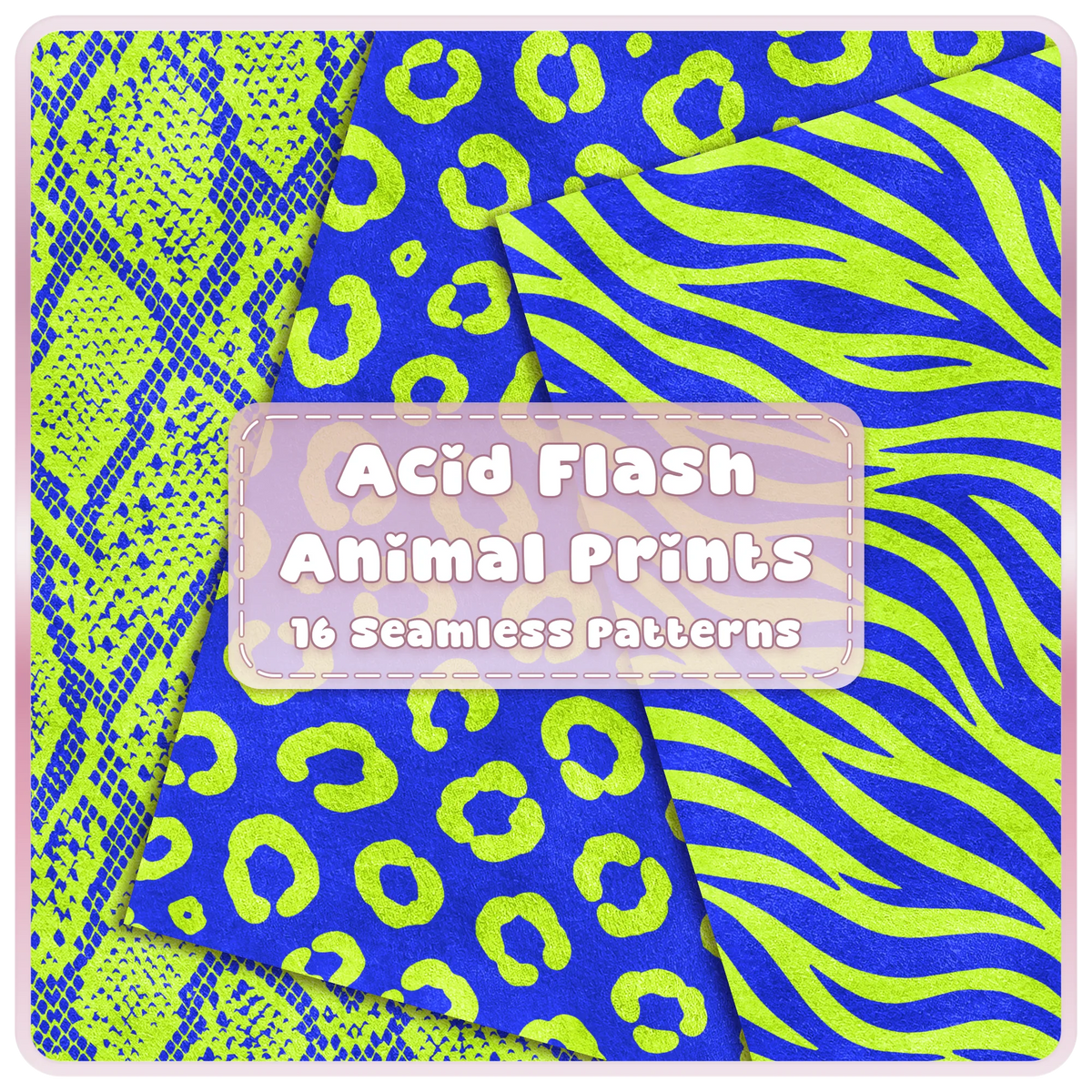 Acid Flash lime green and cobalt blue animal print seamless patterns featuring snake, leopard and zebra digital papers