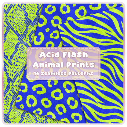 Acid Flash lime green and cobalt blue animal print seamless patterns featuring snake, leopard and zebra digital papers