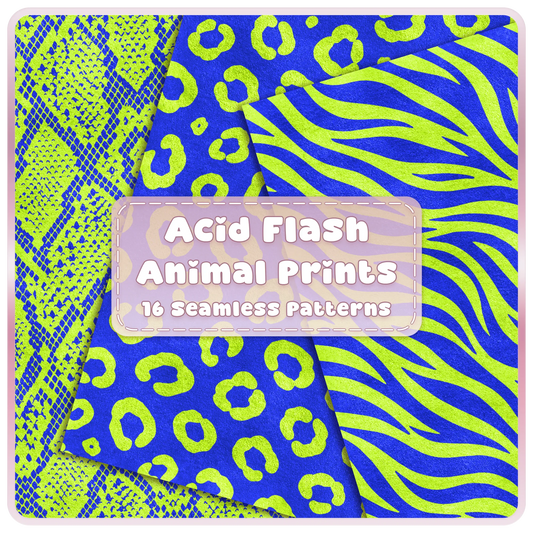 Acid Flash lime green and cobalt blue animal print seamless patterns featuring snake, leopard and zebra digital papers