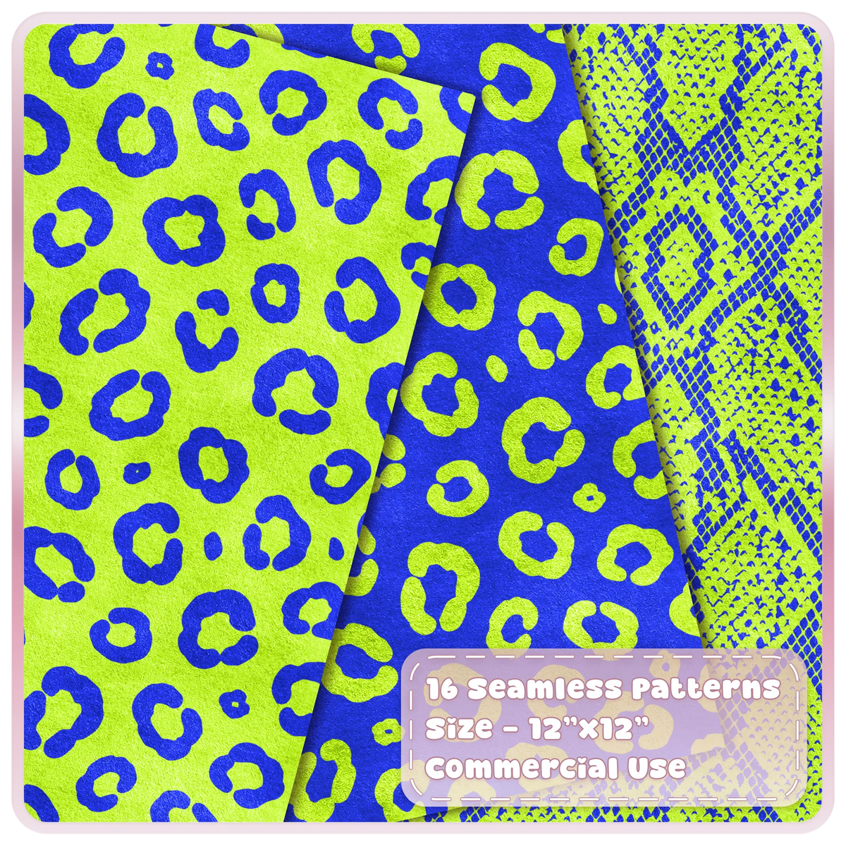 Lime green and cobalt blue leopard print and snakeskin seamless digital papers from the Acid Flash animal print collection