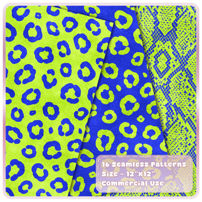 Lime green and cobalt blue leopard print and snakeskin seamless digital papers from the Acid Flash animal print collection