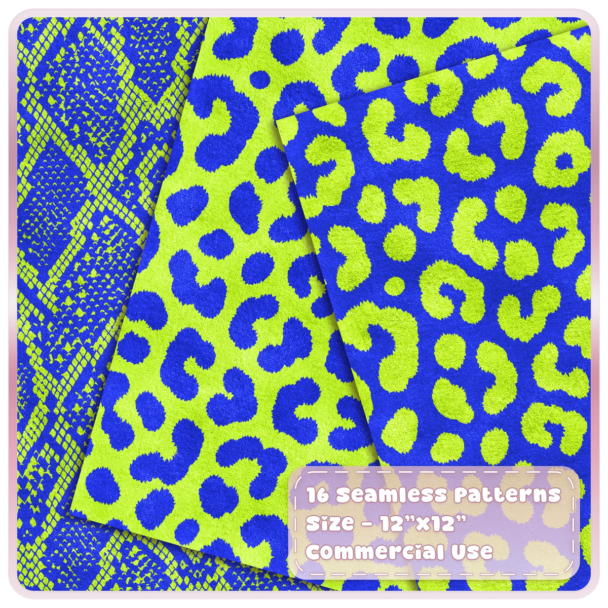 Lime and cobalt snakeskin and leopard seamless patterns shown as layered textured animal print digital papers