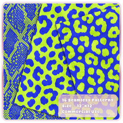 Lime and cobalt snakeskin and leopard seamless patterns shown as layered textured animal print digital papers
