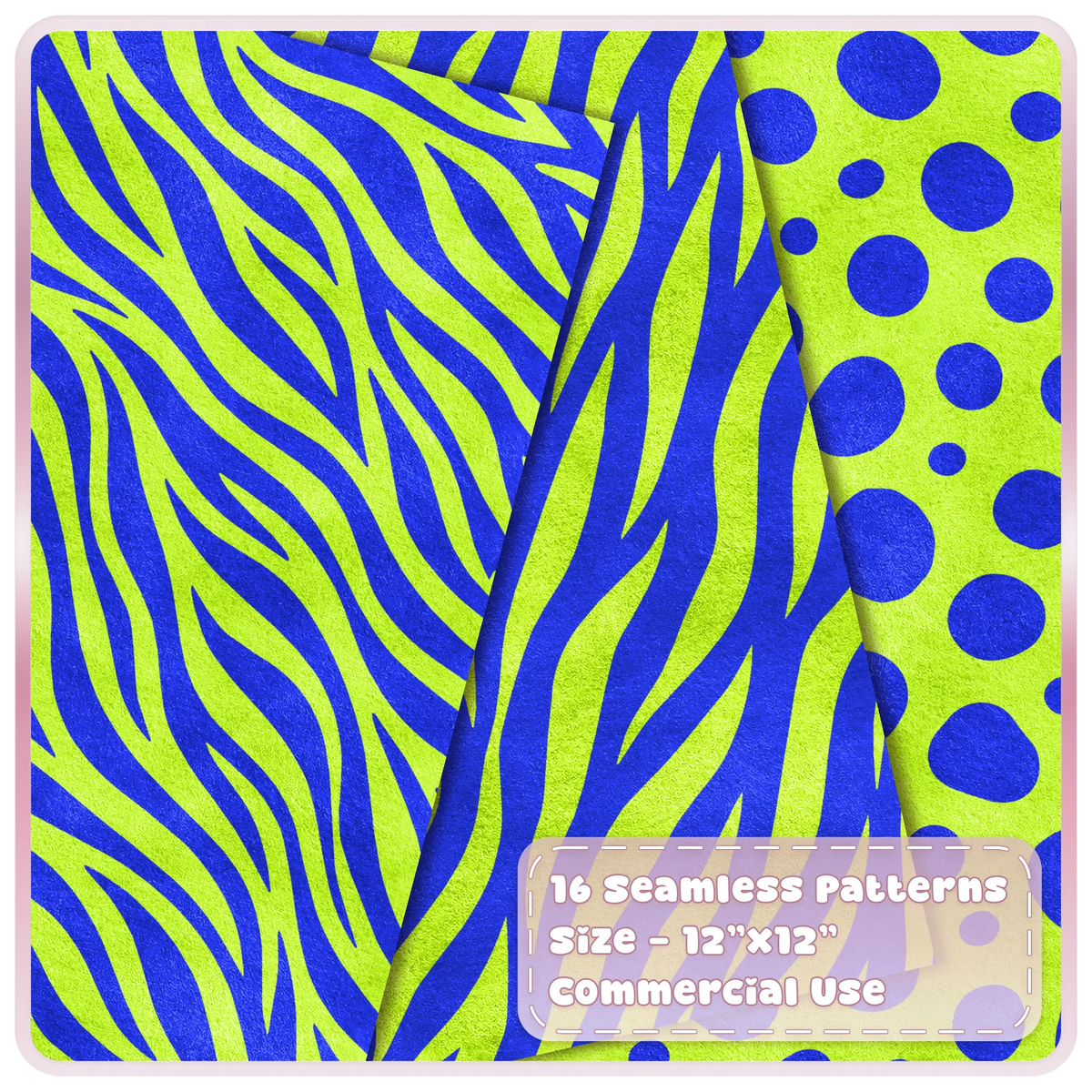 Lime green and cobalt blue zebra stripe and spotted animal print seamless digital papers from the Acid Flash collection