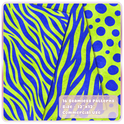 Lime green and cobalt blue zebra stripe and spotted animal print seamless digital papers from the Acid Flash collection