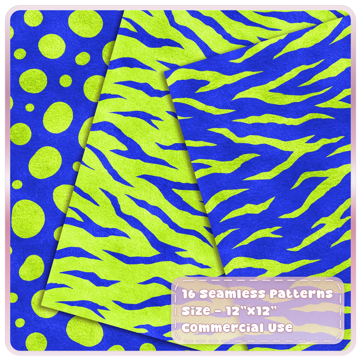 Lime and cobalt spotted and tiger stripe seamless animal print patterns shown as layered textured digital papers