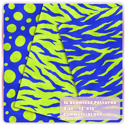 Lime and cobalt spotted and tiger stripe seamless animal print patterns shown as layered textured digital papers